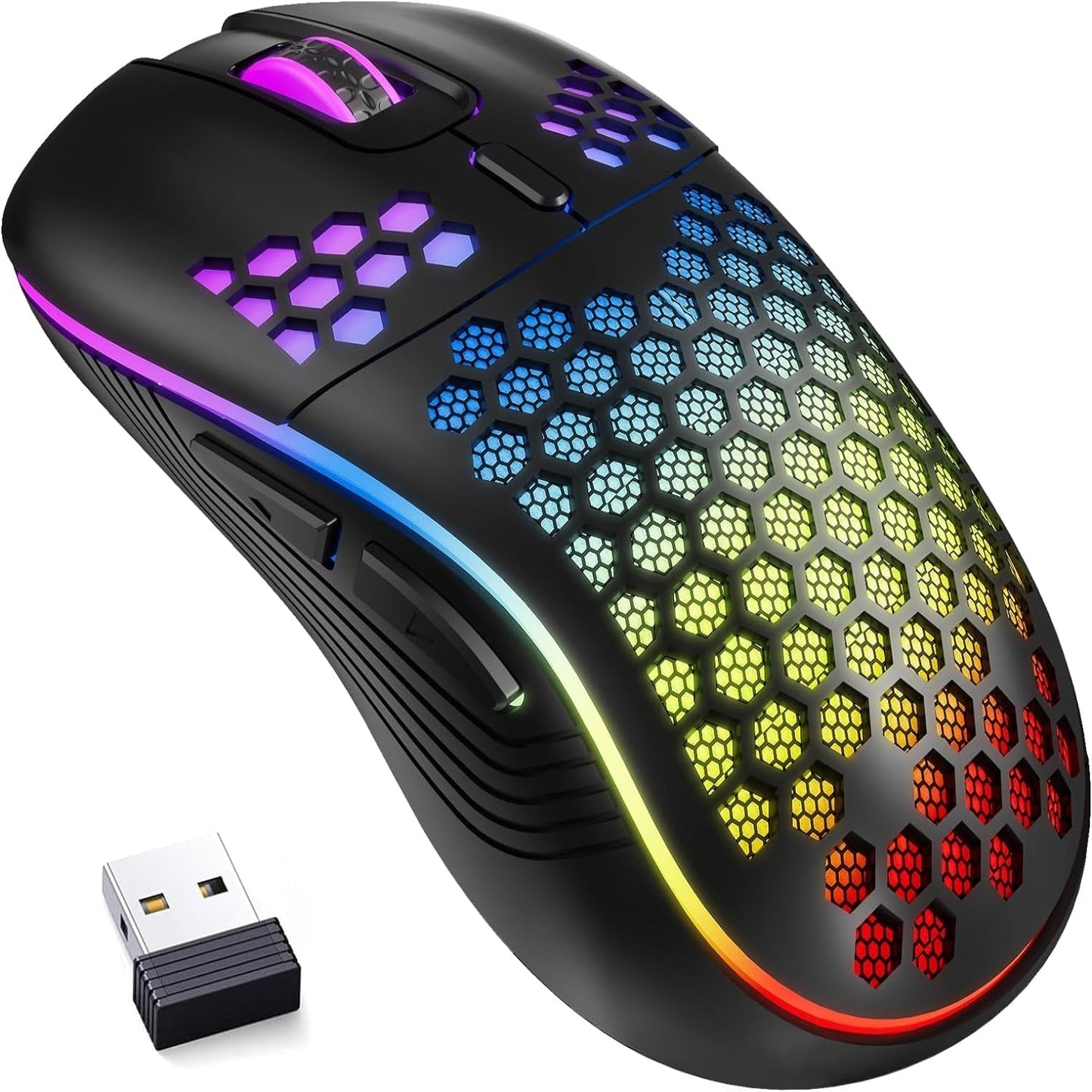 Wireless Gaming Mouse Honeycomb 2.4G USB Cordless Mouse RGB Rechargeable PC Game Mice with 7-Color LED Lights,4 Adjustable DPI for Windows Laptop Desktop Computers -Black